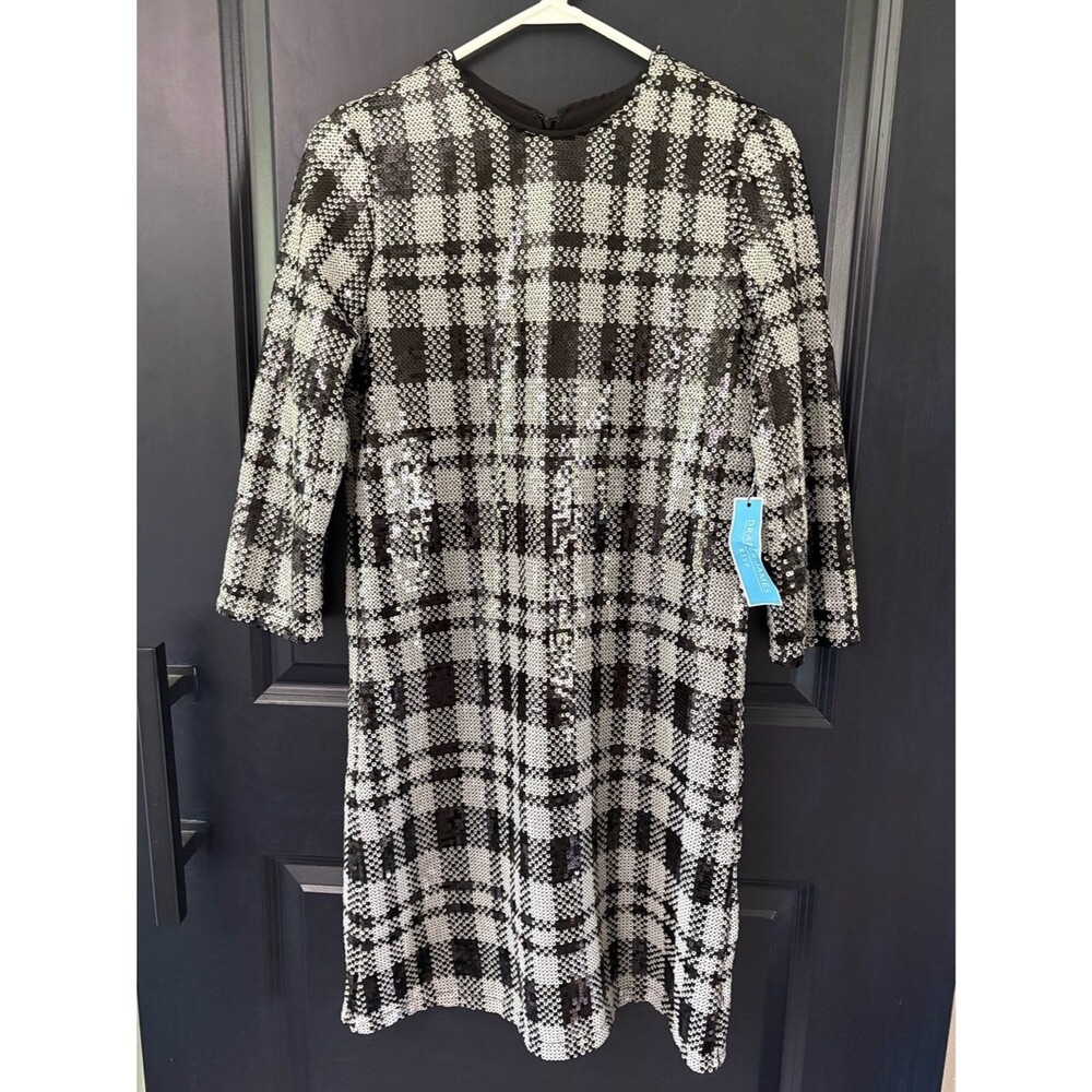 NWT Draper James Sequin Sheath 3/4 Sleeve Dress Size 10 Black White Checkered